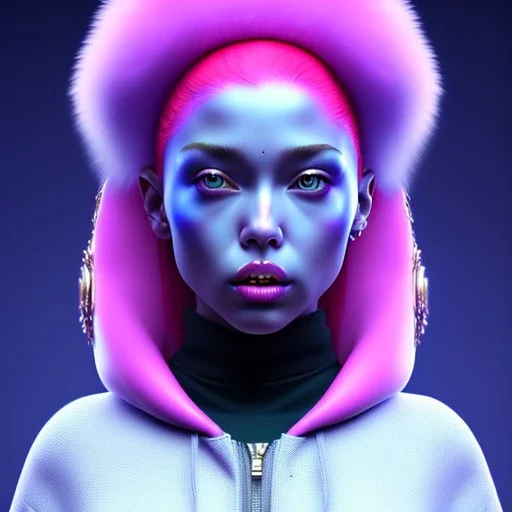 Ukrainian woman, rounded face, bubble gum, heavily made up, blue, pink, hoodie, feathers, latex, leather, soft color, highly detailed, art stations, concept art, smooth, unreal engine 5, god rays, ray tracing, RTX, lumen lighting, ultra detail, volumetric lighting, 3d, finely drawn, high definition, high resolution, neon background.