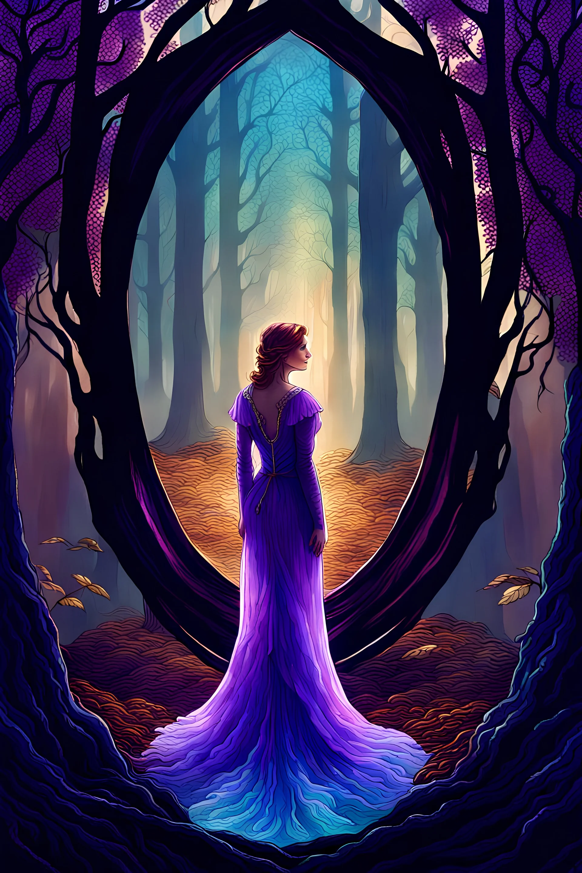 A lady in ethereal and golden light standing in the woods, in the style of purple and aquamarine, hyperrealistic illustrations, crystalcore, miniature illumination, dragon art, mirror, trapped emotions depicted