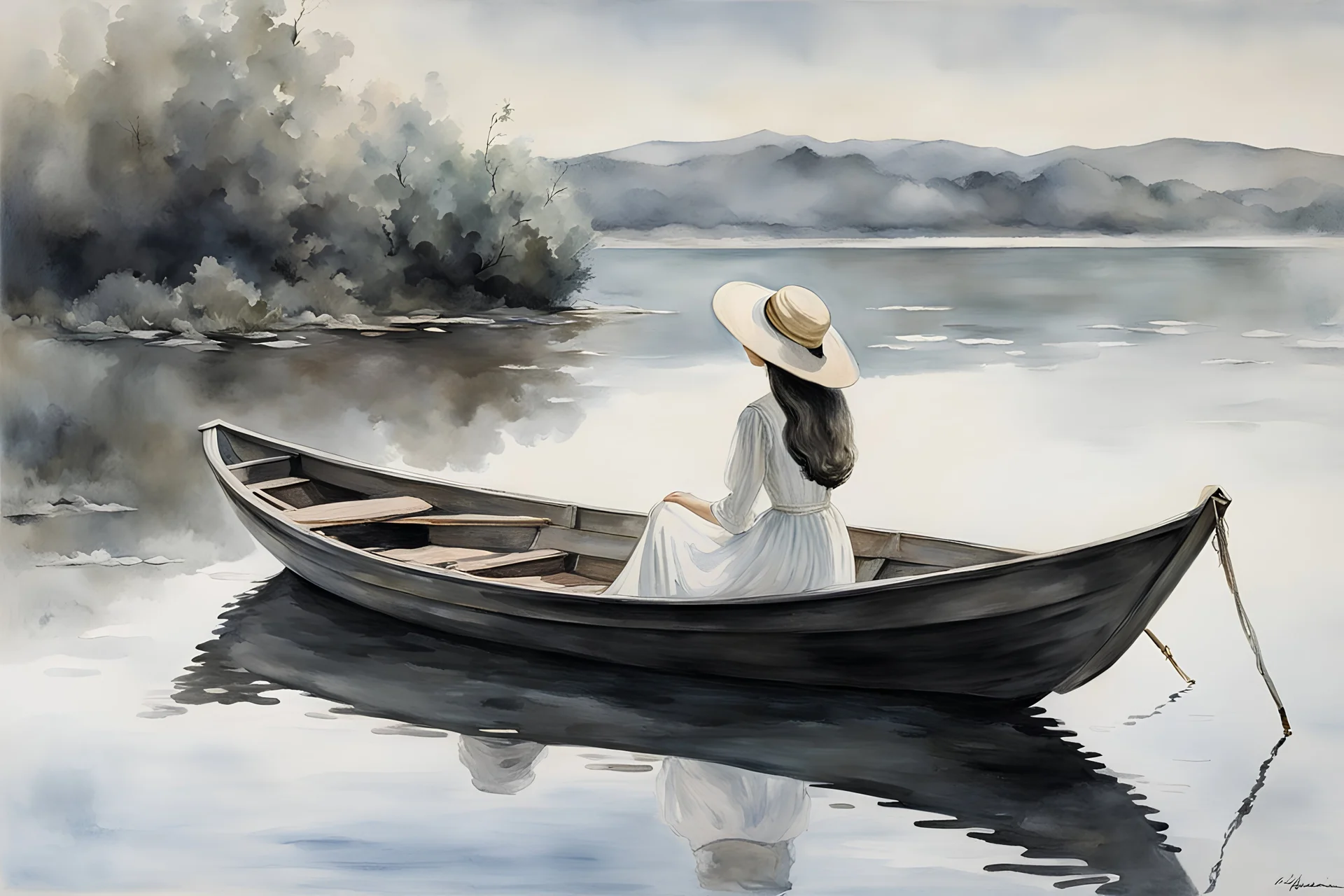 A long hair nice woman in a long vintage dress and hat sitting in a boat and looking into the water, her reflection in the water, pale colors, black and white colors, peaceful mood, minimalist background, watercolor, style by Waterhouse, Cezanne, Jian Wu, Claude Monet, Christine Misencik-Bunn