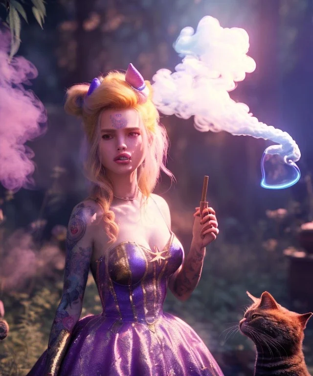 Ultra realistic wonderland photo, happy blonde woman smoking a shisha, blue dress, big purple-cat friend, circus dress style, old school tattoo, smoke, marijuana garden, glow eyes, perfect iris, soft color, highly detailed, unreal engine 5, cinematic, ultra detail, volumetric lighting, high definition.