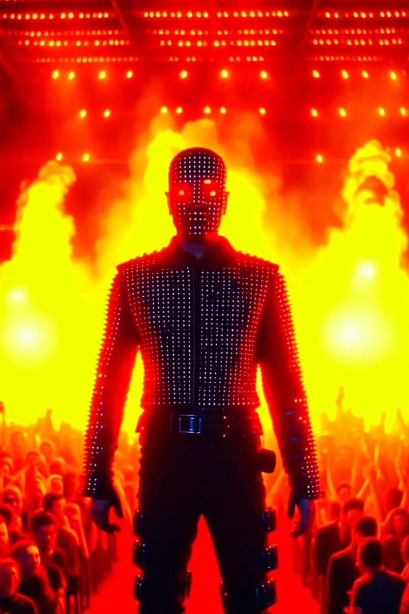 4K realistic, Terminator crowd at a rammstein concert, Till Lindemans back on stage, back, arms spread and on fire, flames everywhere.