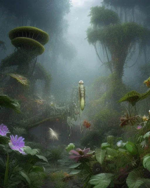 large venus fly trap with teeth eating a dragonfly, flowers, jungle, hyperrealistic, trees in background, digital art, alien like, disgusting, intricate, morbid, rainy, sinister, volumetric lighting, unreal engine, high resolution, 8k, depressing colors, dark colors,