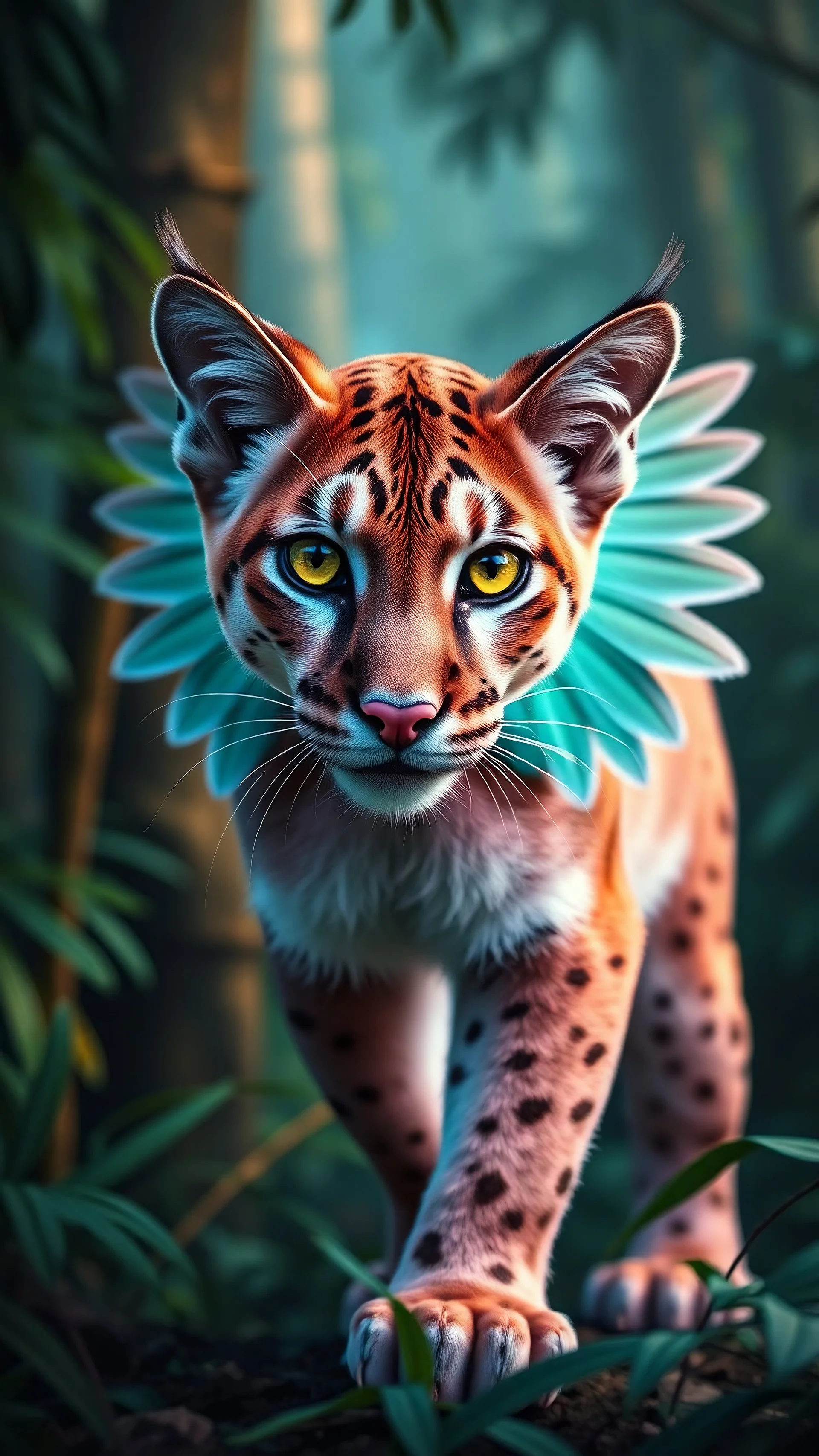 pink-and-turquoise, teenage female mountain lion with turquoise wings and yellow eyes in a rainforest, highly detailed, dramatic lighting, wide shot view, long-distance shot, vibrant colors, highly realistic, photorealistic, book-cover-worthy