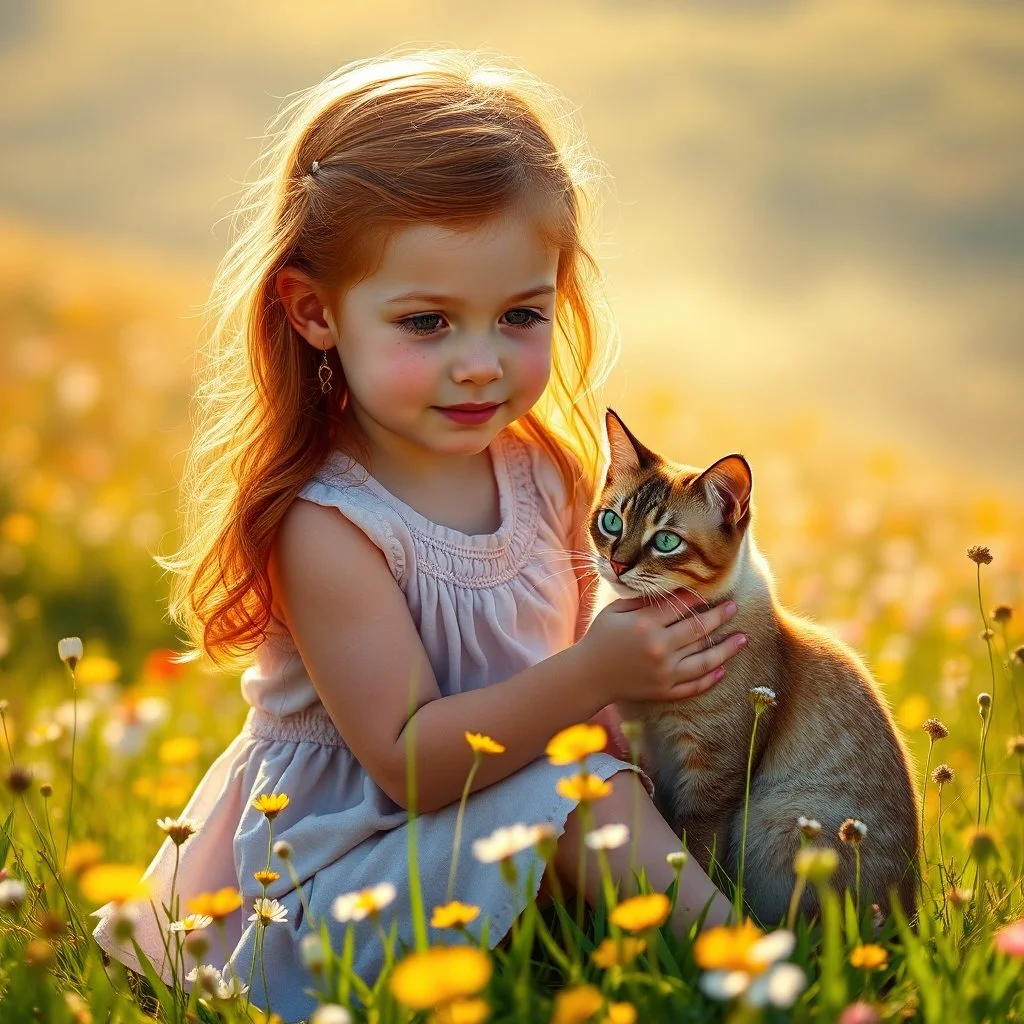 An ultra-realistic masterpiece of a 6-year-old girl with natural red hair and freckles, sitting on a sunny hillside in a wildflower-filled meadow. She is gently petting a Siamese cat with vivid green eyes. The scene is bathed in golden hour sunlight, with soft atmospheric mist. The background is a dreamy wildflower field with shallow depth of field and soft bokeh. The art combines professional award-winning photography with impressionist painting techniques. Hyper-detailed textures, glowing ligh
