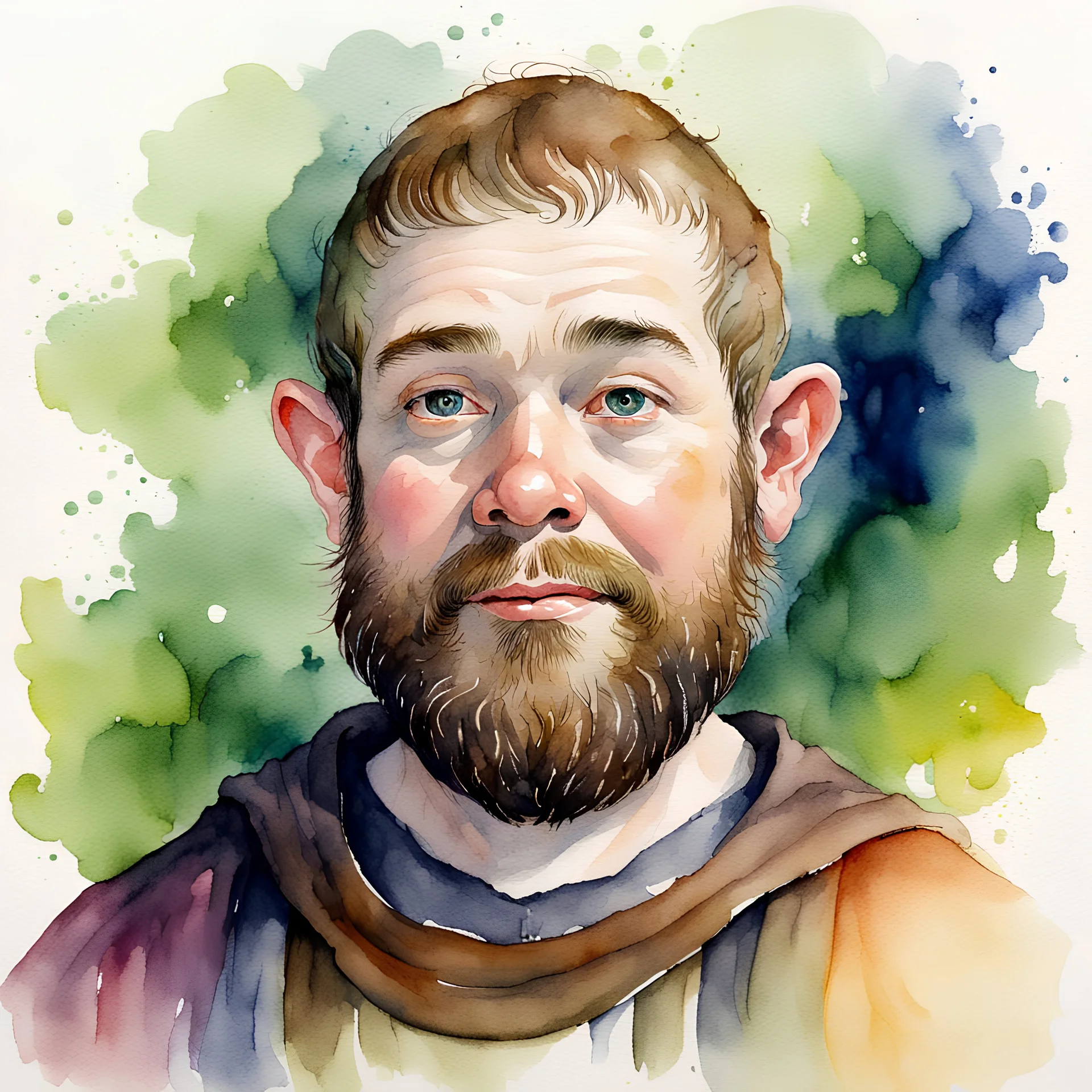 watercolour, illustration, portrait, halfling, friar, beard