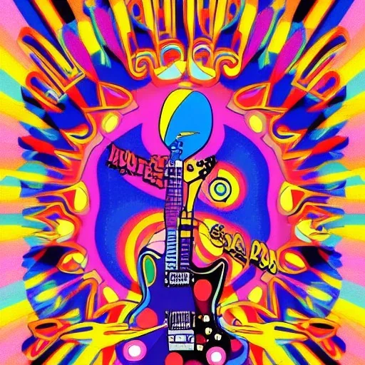 PEACE electric guitar psychedelic hippie trippy acid LSD PEACE GUITAR peacesign ART LIKE '60s Pop Artist Peter Max