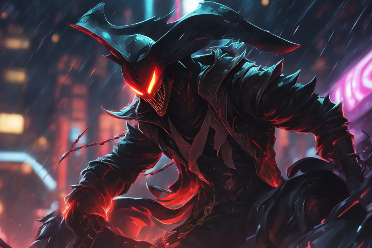 Pyke venom in 8k solo leveling shadow artstyle, pirate them, mask, close picture, rain, neon lights, intricate details, highly detailed, high details, detailed portrait, masterpiece,ultra detailed, ultra quality