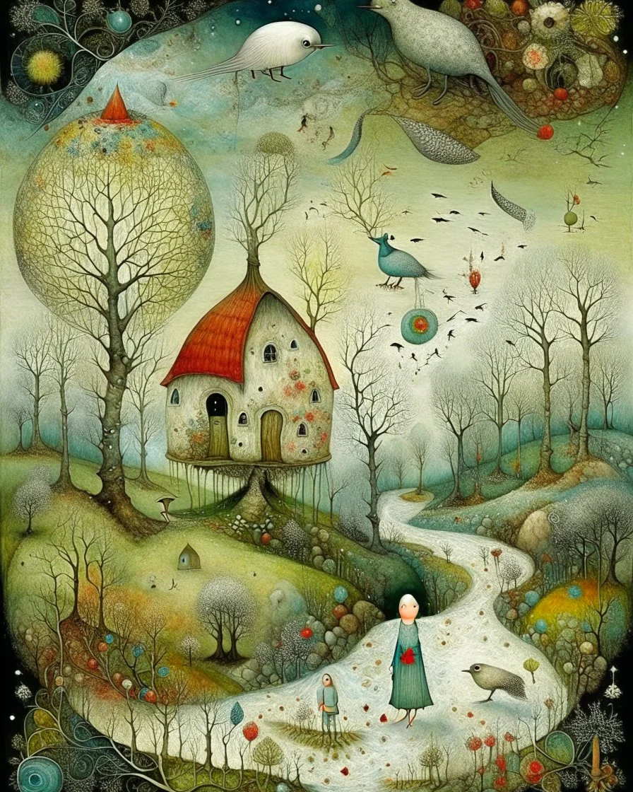 Richly textured Hieronymus Bosch, Catrin Welz-Stein, William Turner, Zdzisław Beksiński, Jacek Yerka oil on canvas zentangle line art style mix, surreal frosted fantasyland winter oceanscape, hoarfrost on trees, high grasses, snow and cottages, withered flowers, pale sunrise; paint splatter, beautiful vibrant colors, reflections, SK, flying seagulls, dramatic clouds, snowfall.