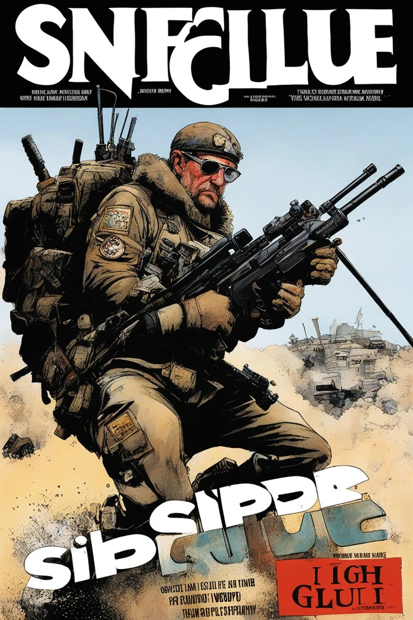 SNIFFIN’ GLUE magazine high res photo cover by Ralph Steadman: special issue #42 on sniper action and weaponry. guest star: Anthony Swofford, Jarhead.