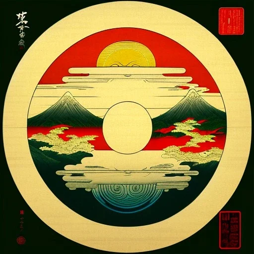 Ukiyo-e styled art, yin and yang sign, mountains and sun