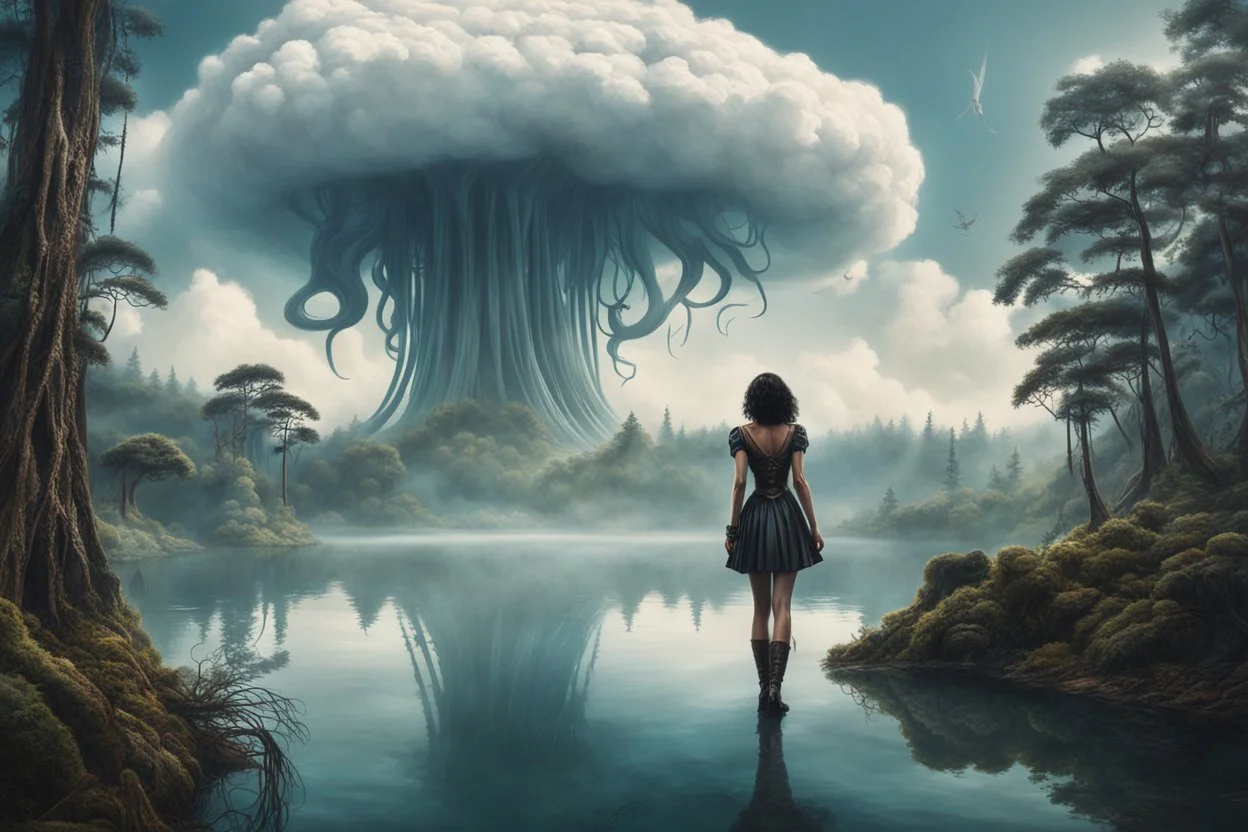 A skinny woman with a Cleopatra hairstyle, short skirt, and knee-high boots, looking out over a lake, in an alien forest, with tall cloud trees, flying Portuguese men of war with octopus tentacles