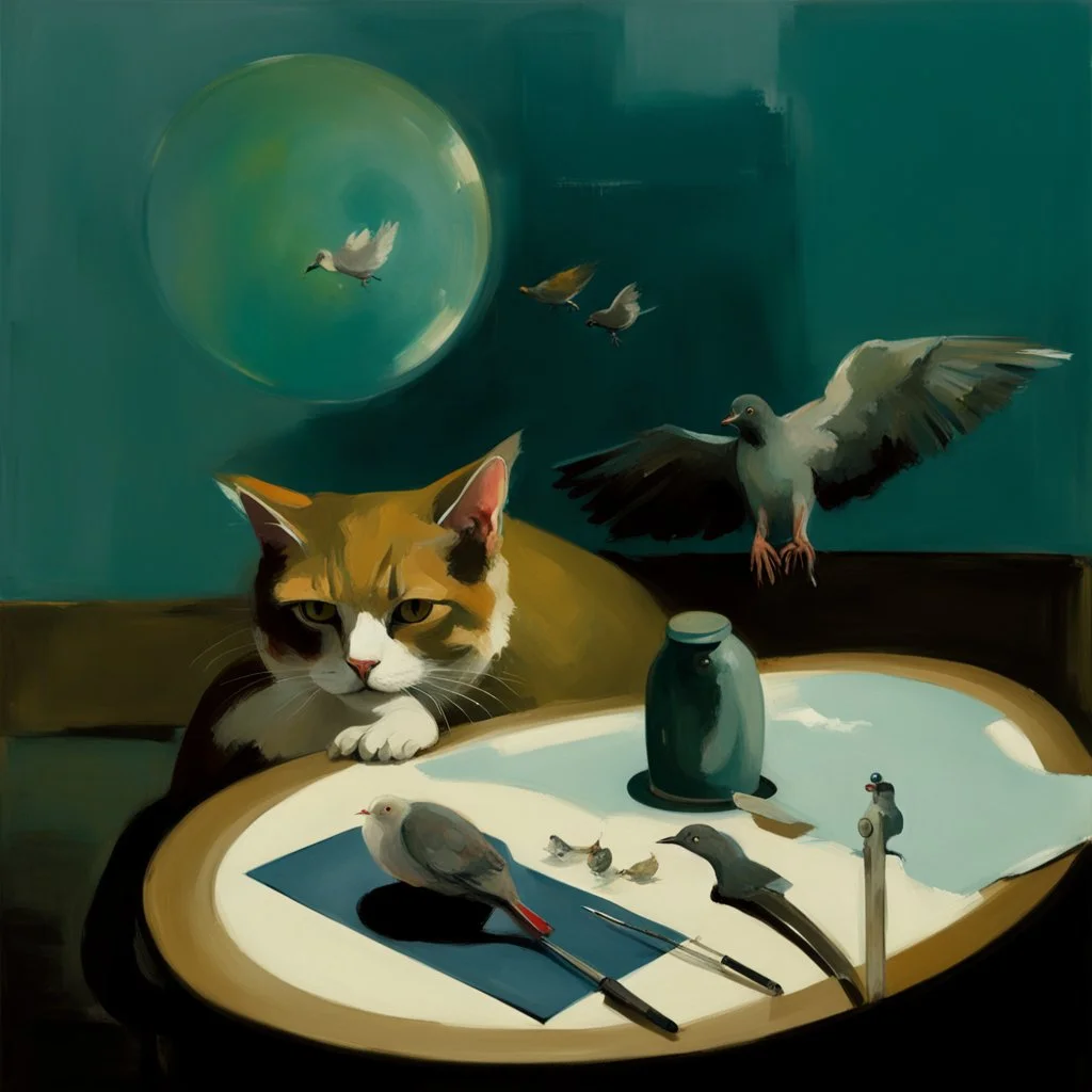 UN conference.a cat looking at a pigeon,human flesh-like surgical instruments and universe-like neuralink, surrealism,symbolism,minimalism,Painting By Adrian Ghenie, Rene Magritte, Salvador Dali, Lucian Freud