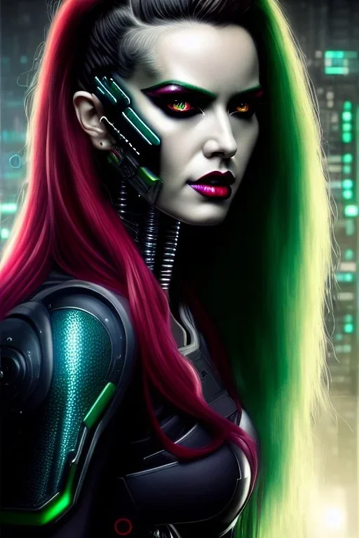 hiper realista, hiper detalhado, retrato de corpo inteiro, no estilo cyberpunk, de uma mulher incrivelmente bonita com implantes biônicos, cabelos compridos verdes, olhos vermelhos brilhantes, maquiagem escura, batom preto, arte de greg rutkowski, artgerm, wlop, rossdraws, boris vallejo