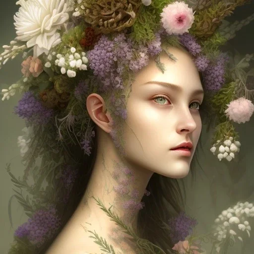 yarrow, yew, dried roses,wormwood, rue, lilies, locust branches, asphodel, cypress wood woman, beautiful face, half of face rotten