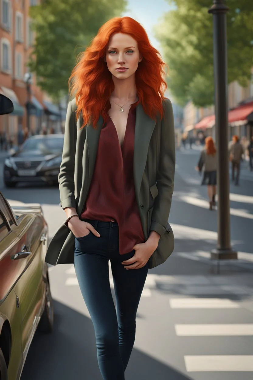 Young red-haired woman standing in the street, daytime, photorealistic