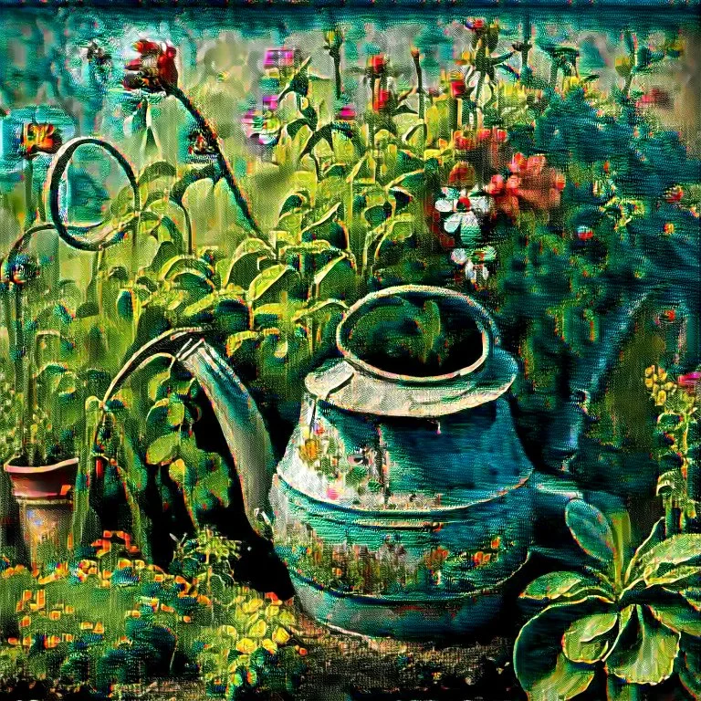 beautiful old watering can surrounded by gorgeous plants and flowers Modifiers: Award winning photography oil on canvas beautiful