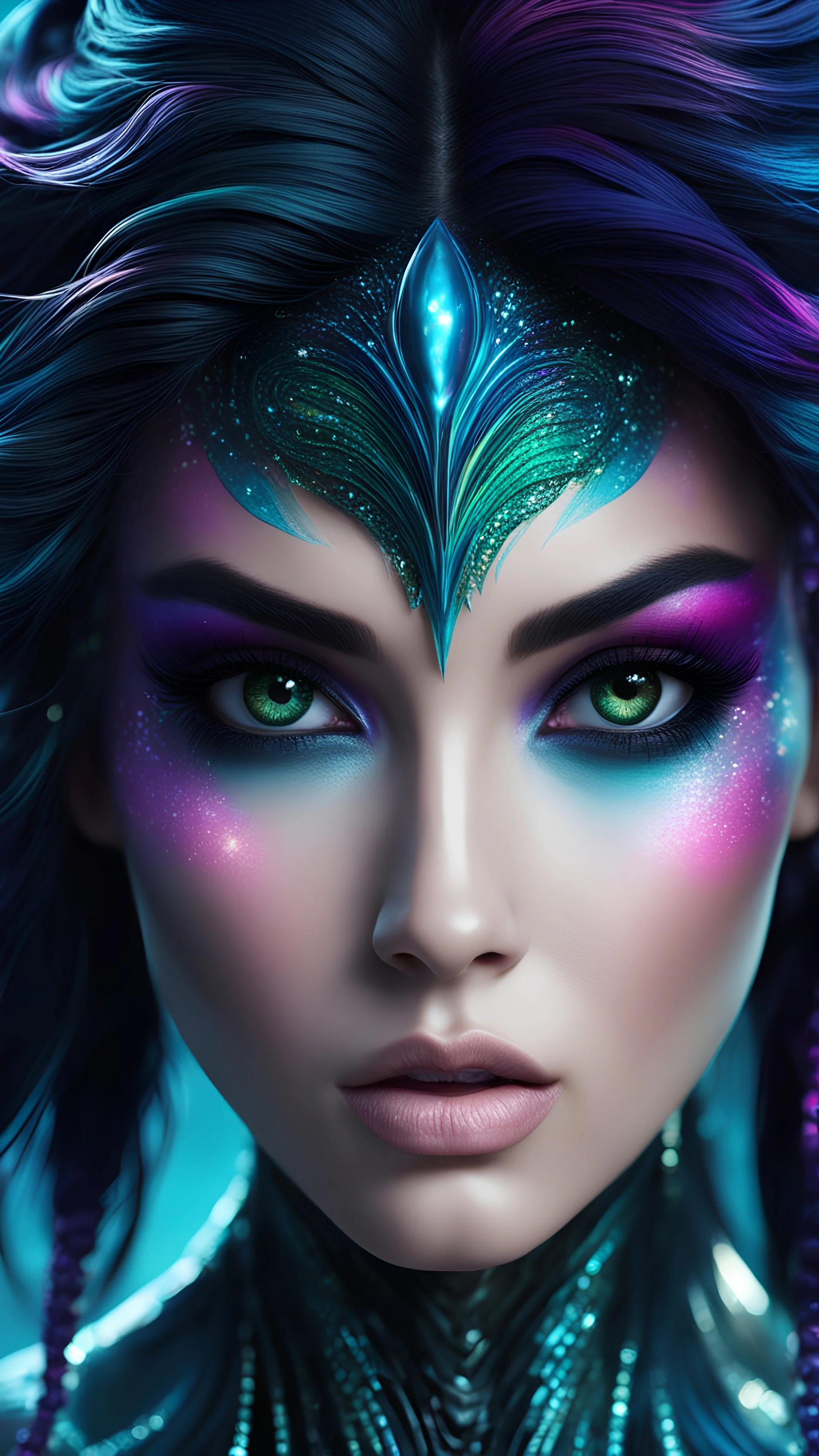 An alien look with very insane details, black hair and eyes like mermaids with 4k colors, looking for someone