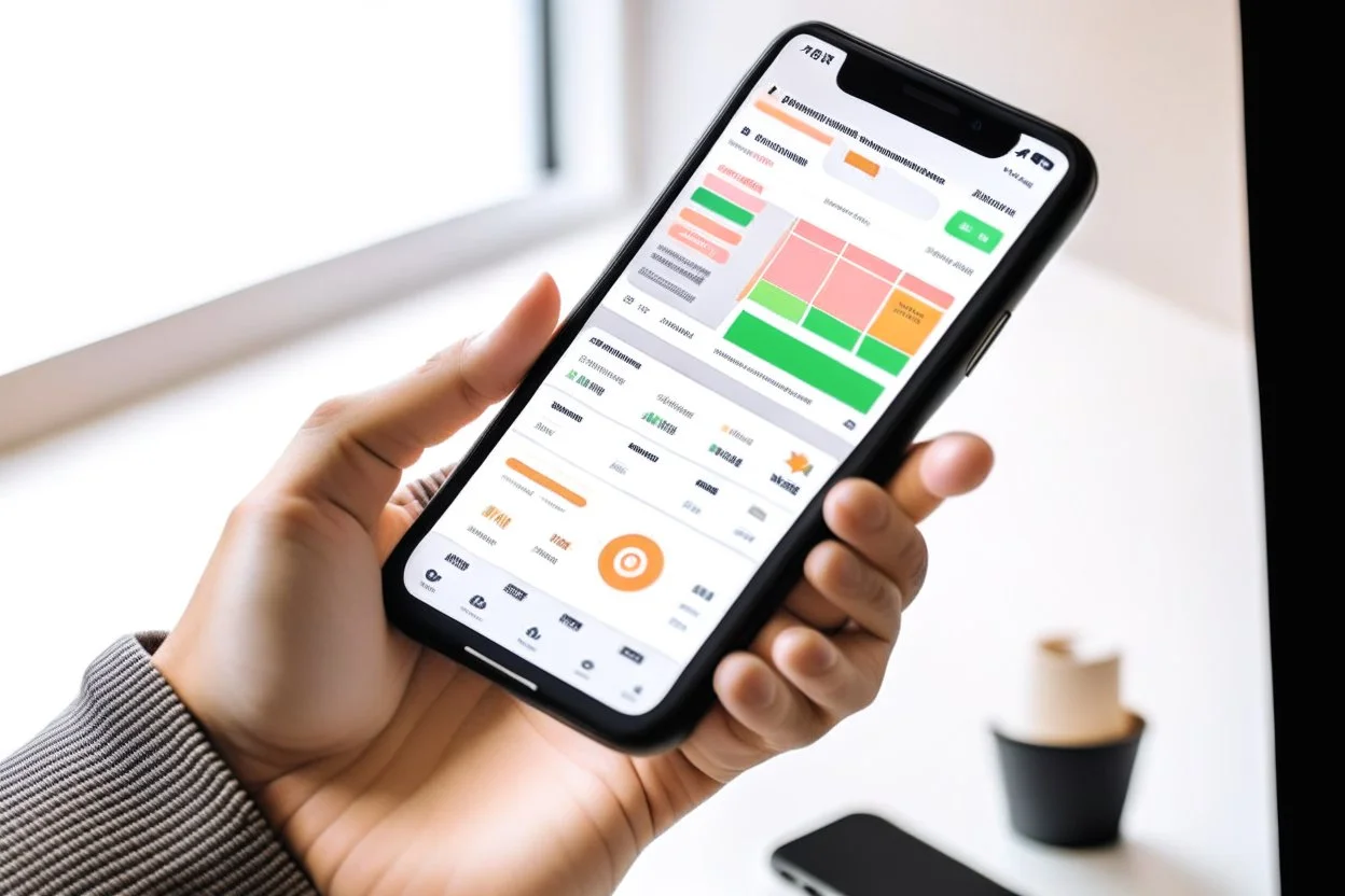 The photo depicts a person using a smart app on their smartphone to organize their tasks and appointments in an organized and efficient manner. The modern photography shows the attractive design of the app that helps the user manage their daily life and achieve their goals. The photo points to the importance of leveraging technology and smart tools in personal organization and facilitating one's life.