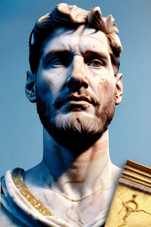 Realistic image, Roman sculpture made in white marble with gold veins, Lionel messi with gold laurel leaves crown, two blue brushes paint, decorative star on the chest, waist up portrait, marble material, gold ornaments, Baroque style, sun rays background, epic, celestial, cinematic lighting, God lights, 4k resolution, smooth details, soft lighting, unreal engine 5, art station, substance 3d.