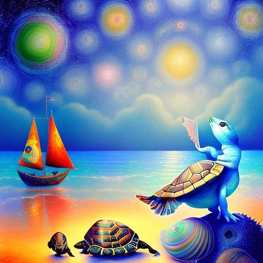 bebe tortuga pintada con nubes de colores ,conchas, en la orilla de la playa, con nubes de colores, pájaros, barcas, con estilo de Van Gogh 4k