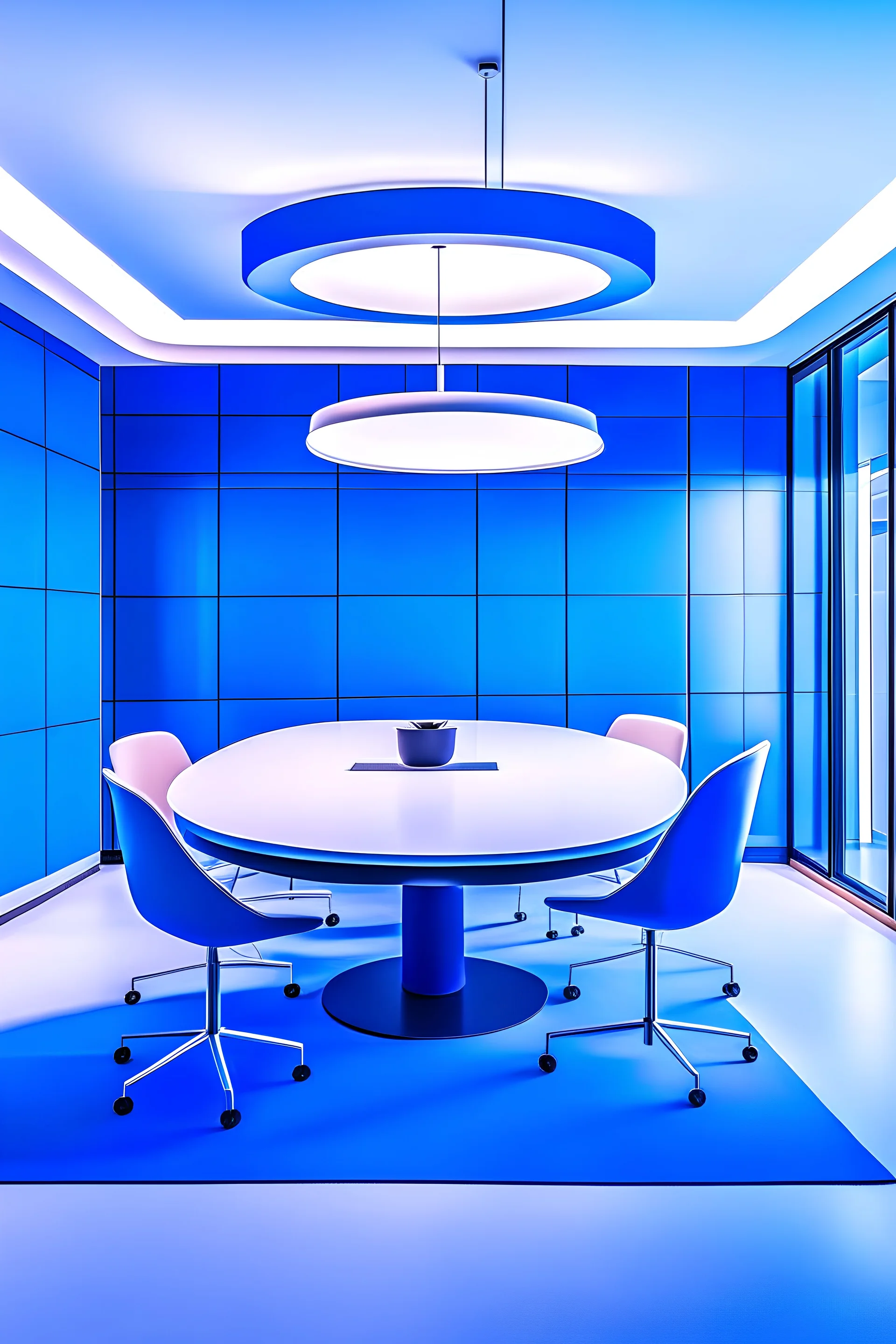 A meeting room with blue walls and a white floor, and the meeting table is oval in shape