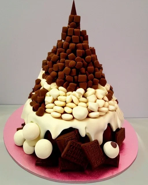 Matterhorn model made of chocolate cake and biscuits and maltesers