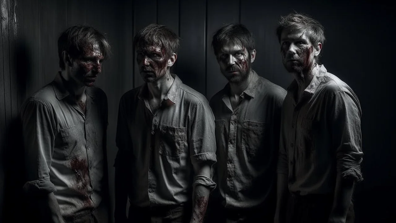 four men zombies in adark room look at the top