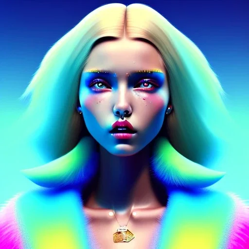 blonde woman teenager, gold teeth, purpurin, retro futuristic, feather coat, gradient color, BLUE, PINK, CYAN, neon, insanely detailed, 16k resolution, perfect eyes, cinematic smooth, intricate detail