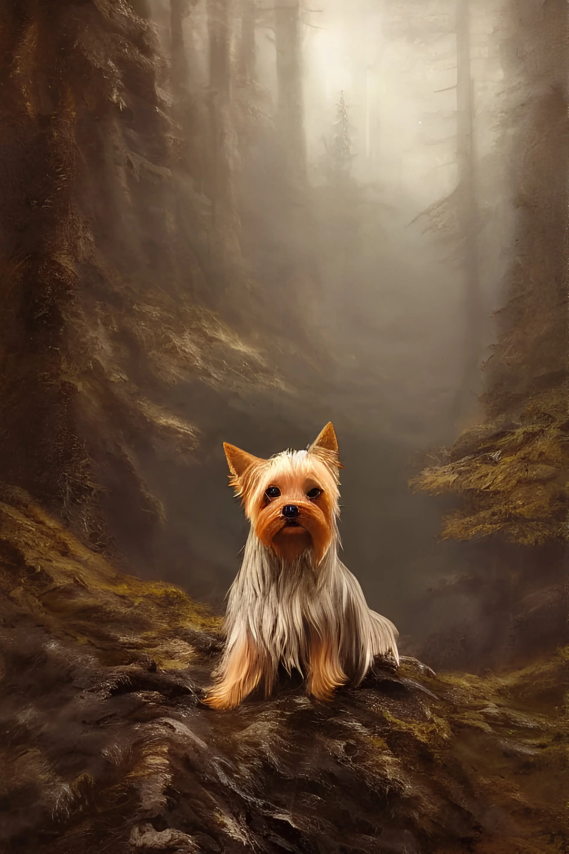 a face portrait of a yorkshire terrier guarding the temperate forests from skyrim, fantasy setting, dark environment, serene colors, soft lighting, atmospheric, cinematic, moody, in the style of diego koi, gina heyer, luiz escanuela, art by alyssa monk, hyperrealism, rule of thirds, golden ratio, oil on canvas, 8 k