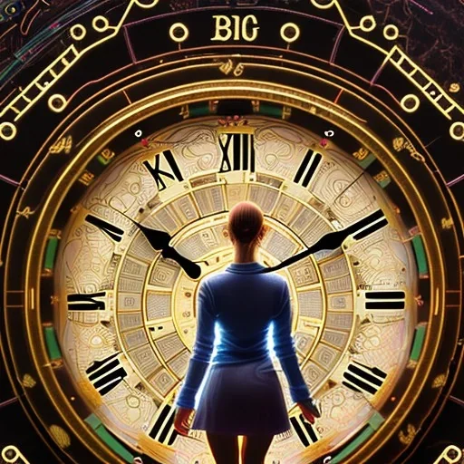 a girl stepping into a big clock portal, a clock as a time travel machine, glowing, luminescent, realistic, intricately detailed, meticulously detailed