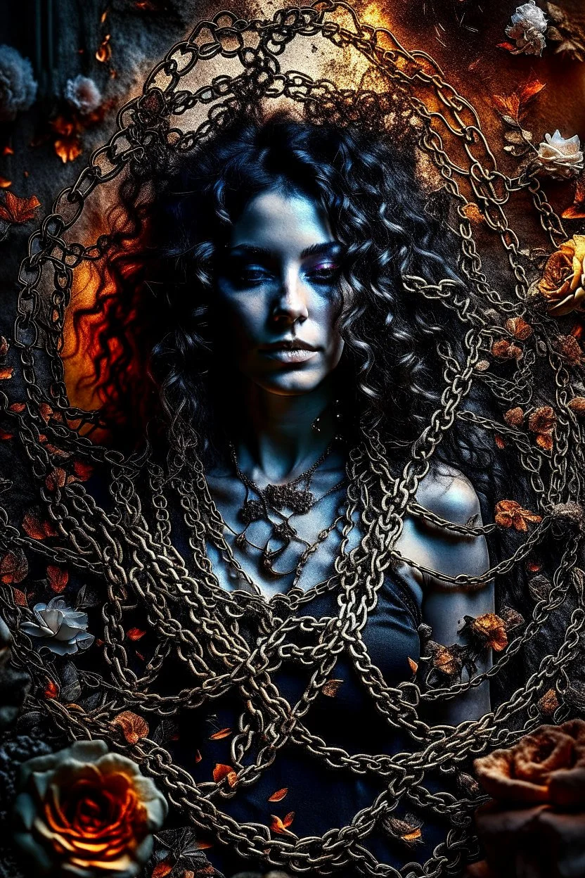 abstract creation of a beautiful woman with black curly hair, surrounded by black roses, thick metal chain broken, glass petals on the ground, autumn colours,dried out thorn bush, chaos,