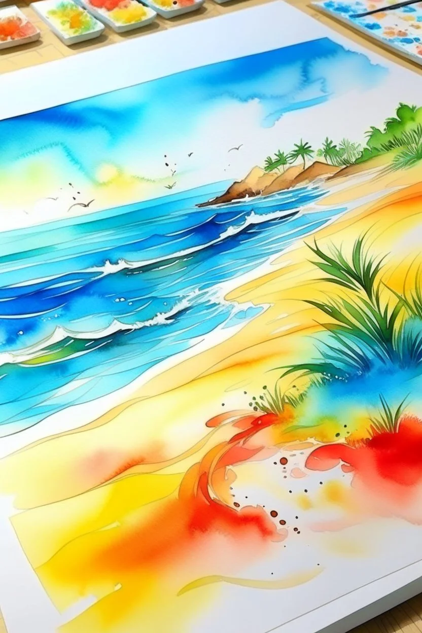 create colored cover paint,beach landscape ink with watercolor, design covers all the page,brilliant colors