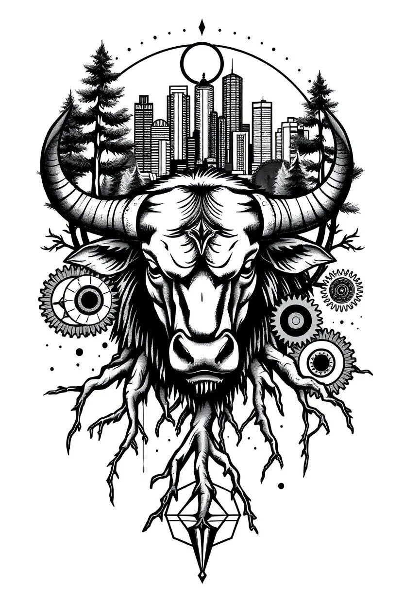 Design tattoo: A Taurus bull surrounded by roots and trees, with gears and the Detroit skyline in the background, combining earthy elements with industrial details. Black and gray shading with geometric accents and a celestial theme