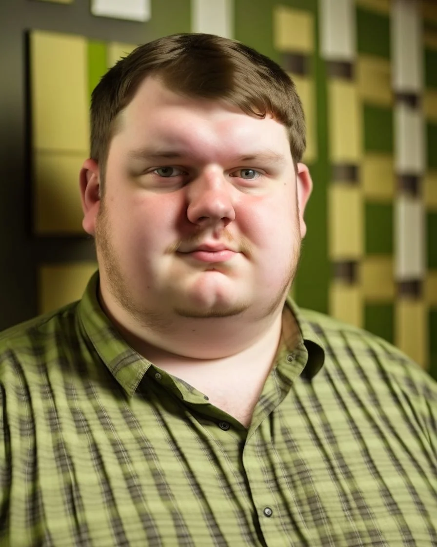 Portrait d'un jeune homme, ultra obèse; cheveux bruns et teint blanc, porte une chemise à carreaux de couleur vert olive. Ce jeune homme tient une planète entre les mains qu'il dévore, HD portrait, Artstation