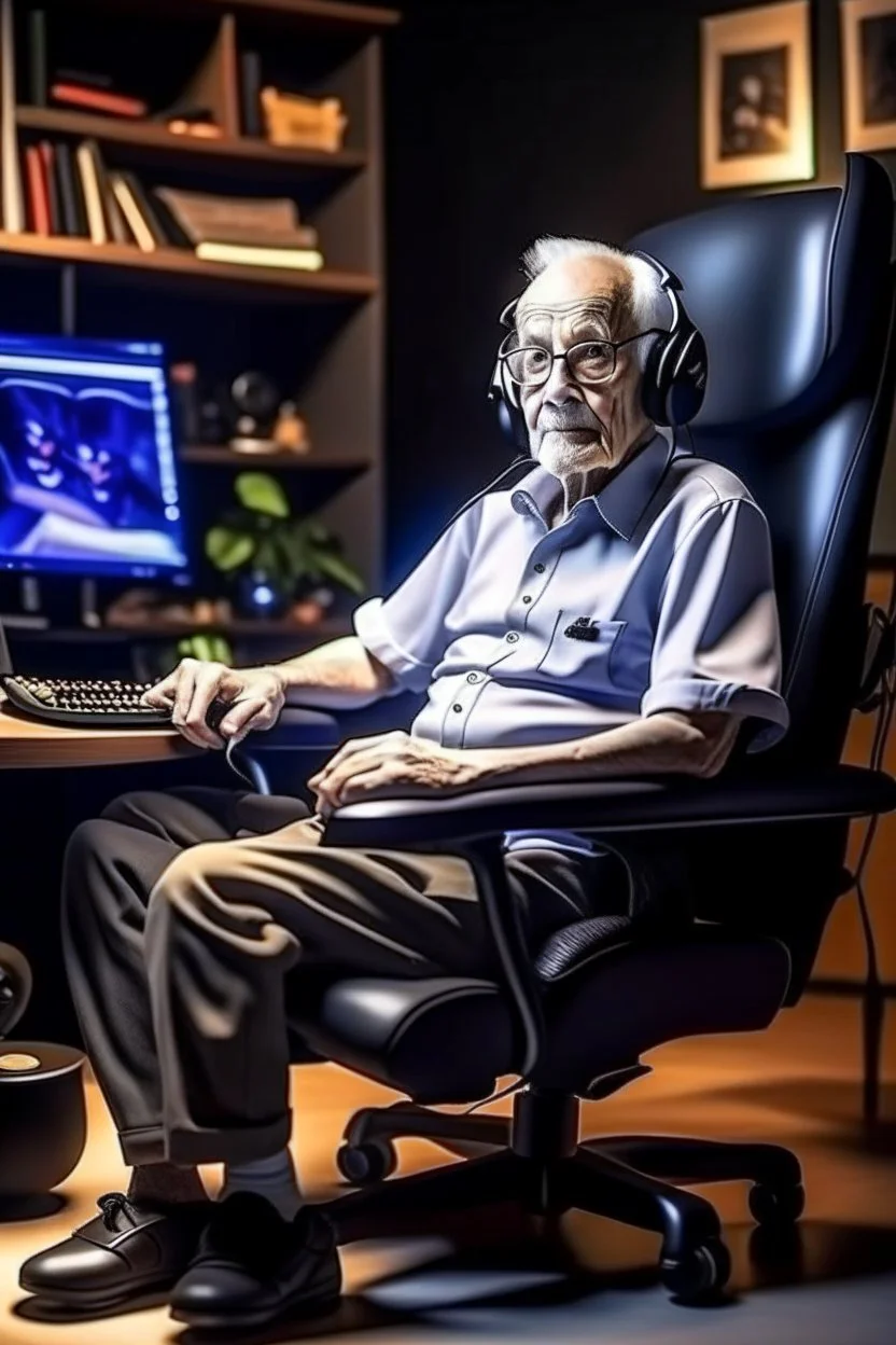 Old man sit on a chair and gaming an have gaming setup