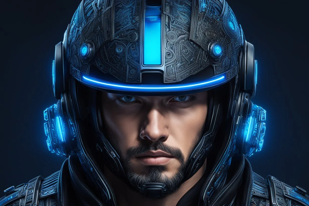 A man wears a black glass Cyberpunk helmet , full helmet cover , Changshan, black and blue color, cyberpunk drawing style, neon, intricate details, highly detailed, high details, detailed portrait, masterpiece,ultra detailed, ultra quality