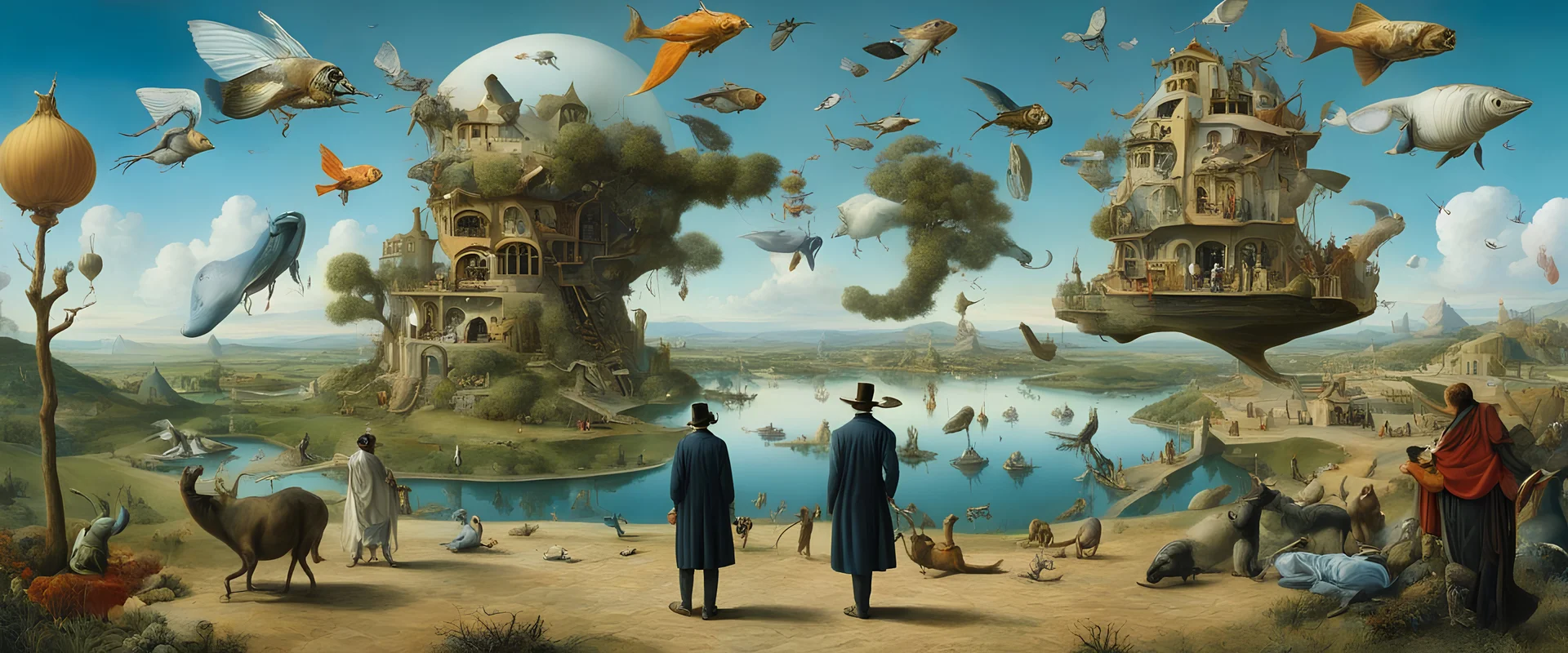 Salvador Dali & Hieronymus Bosch greet each other at an outdoor surrealist market. A flock of dream-like sky-fish fly high in the far distant sky, with a beautiful surreal outdoor countryside summer scene with hills, interesting dwellings, many pathways, stairways, streams & waterfalls, waterwheels, curious animals : very high detail, photorealistic, epic cinematic, 8K, Large depth of field