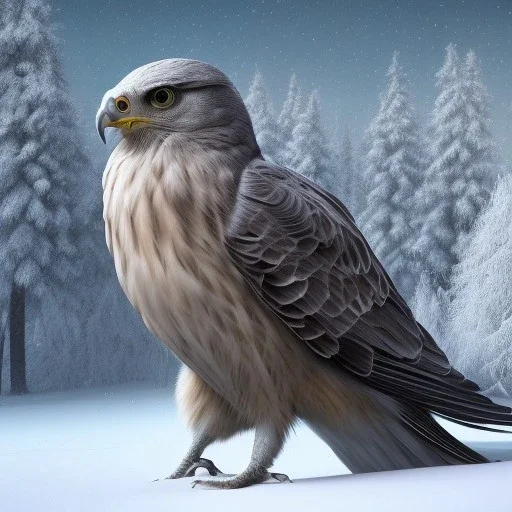 portrait of a bird of prey, feathers, extremely sharp detail, finely tuned detail, ultra high definition, 8k resolution, dynamic lighting, unreal engine 5, ultra sharp focus, winter landscape, background trees