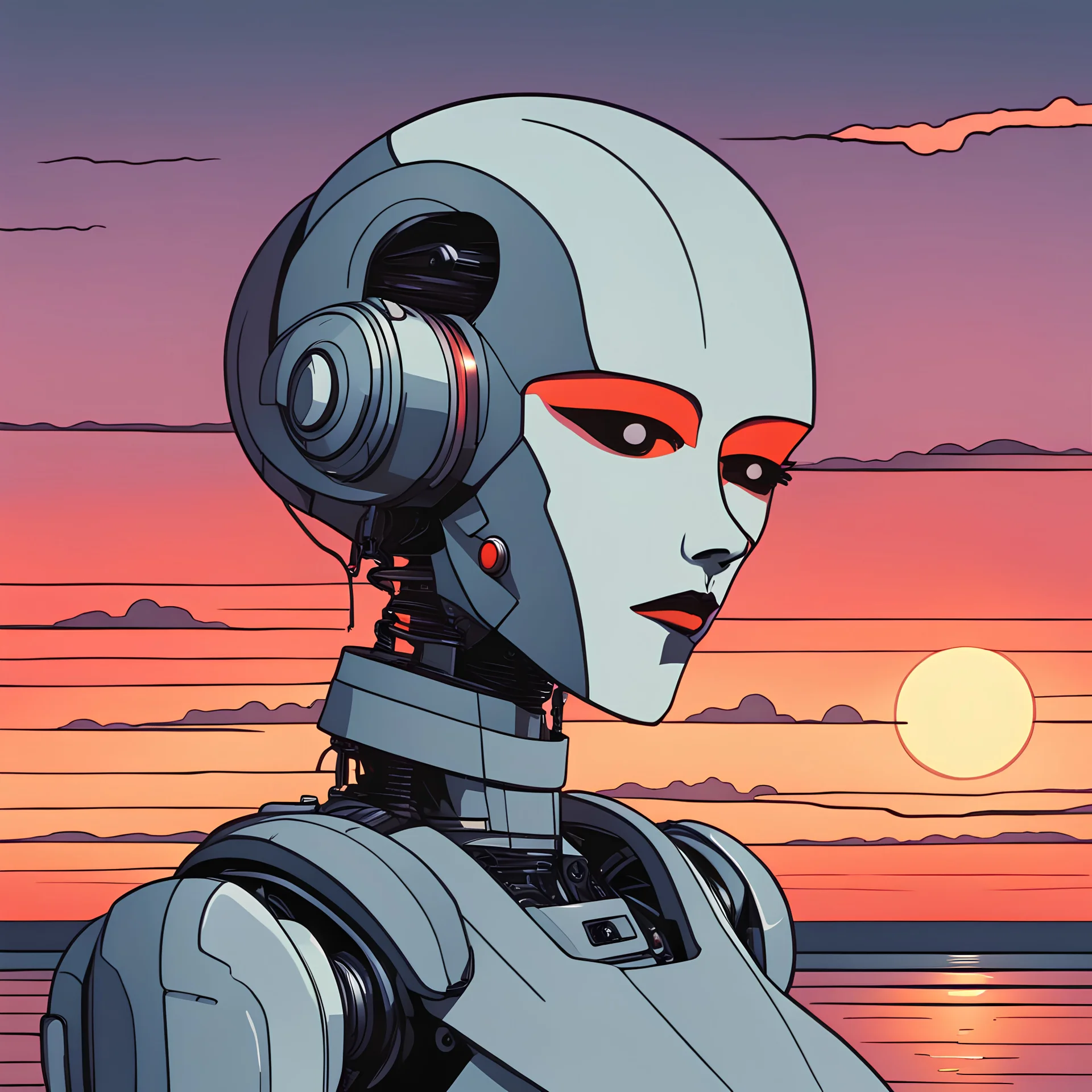 sad robot in front of a sunset in the style of Patrick Nagel