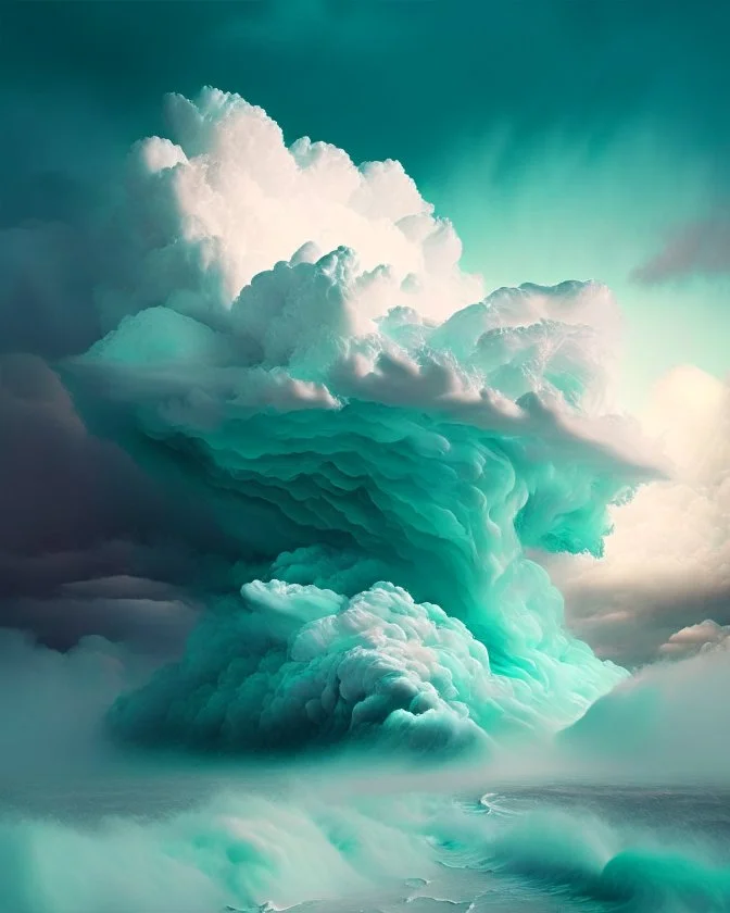 Phantasy landscape with dramatic cloud in sea foam color