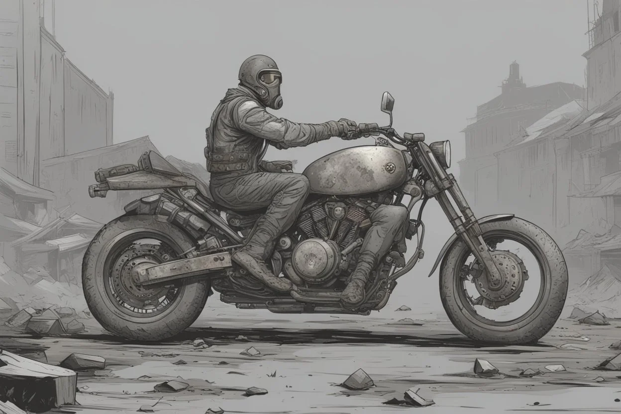 motorcycle, comic book,post-apocalypse, gray background,