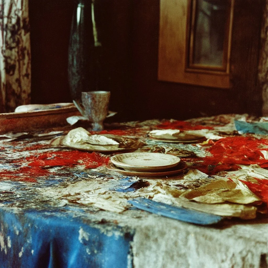 Close up polaroid photography of spooky room, eerie, table, Max Ernst, hypnotic, obsessive, hypermaximalist, colors, details of the table very accentuated, filthy pieces of dismebered body, strong contrasts and dynamism