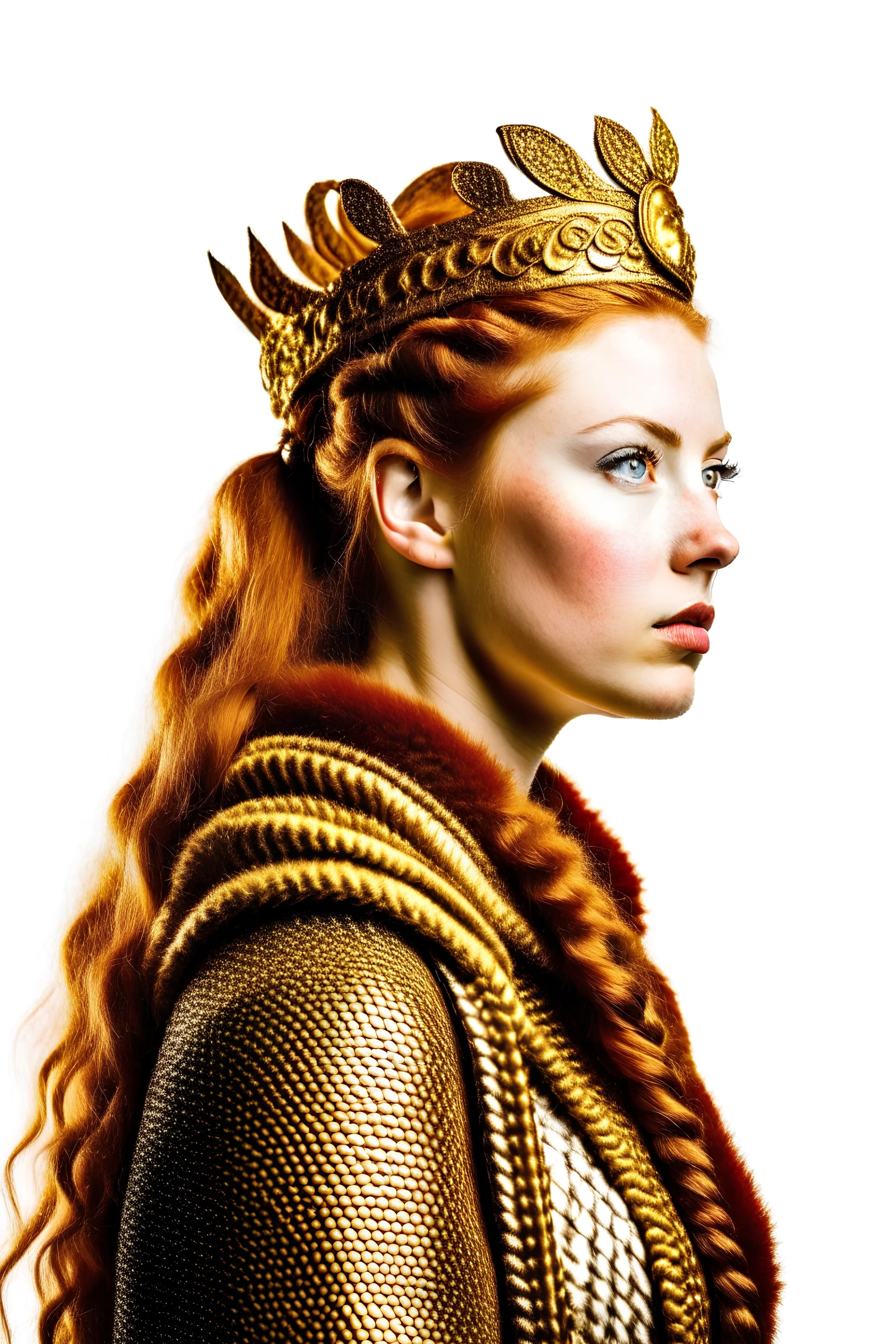 a redheaded woman valkyrie queen with two braids, gold crown, fur cloak, strong, muscled body, white background, portrait, slightly side view, (masterpiece),
