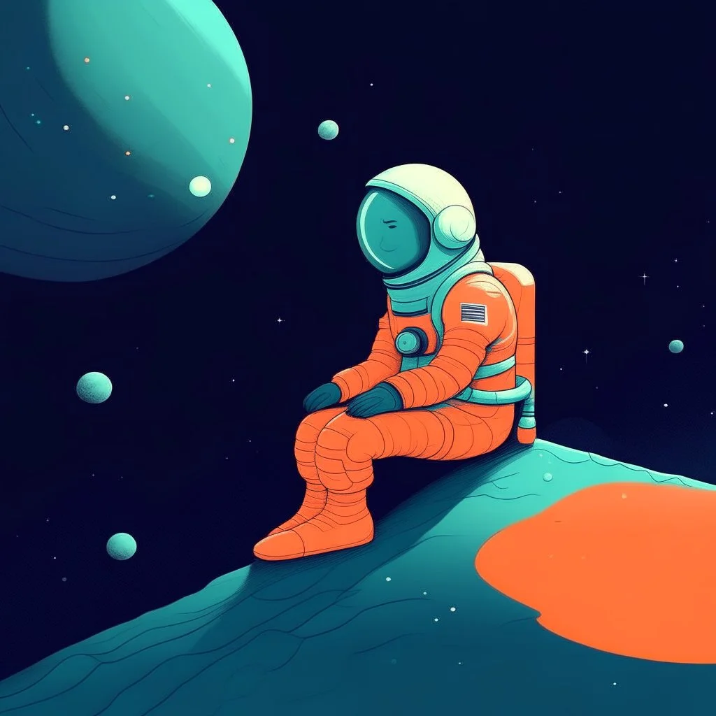 A whimsical digital illustration of a cartoonish astronaut, delicately rendered in soft pastel hues, sitting on a tiny, cratered moon, lost in thought as they stare out into the vast, starry expanse of empty space, their bright orange spacesuit a pop of color against the muted, celestial backdrop, with subtle texture and gentle shading adding depth to the minimalist composition, evoking a sense of wonder and contemplation, as if pondering the mysteries of the cosmos, amidst the eerie silence of