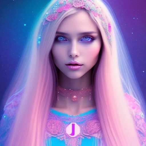beautiful, soft, smiling face, whole head, long straight blonde hair blues eyes, crown on the head, clothing in transparent bluish and pink veil, background brillante bluish and pink, hight definition, 8K