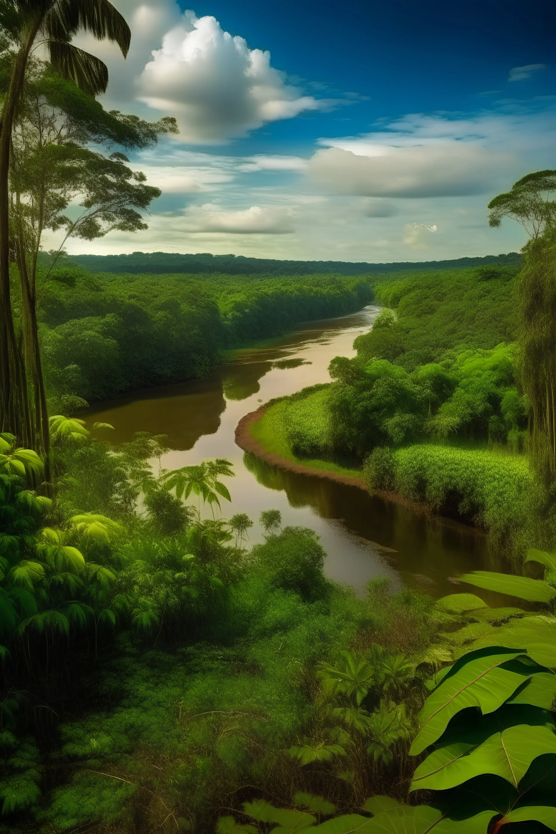 Vista panorámica de la selva de Brasil, viendo el rio con sus animales autóctonos asomando por la vegetación florecida