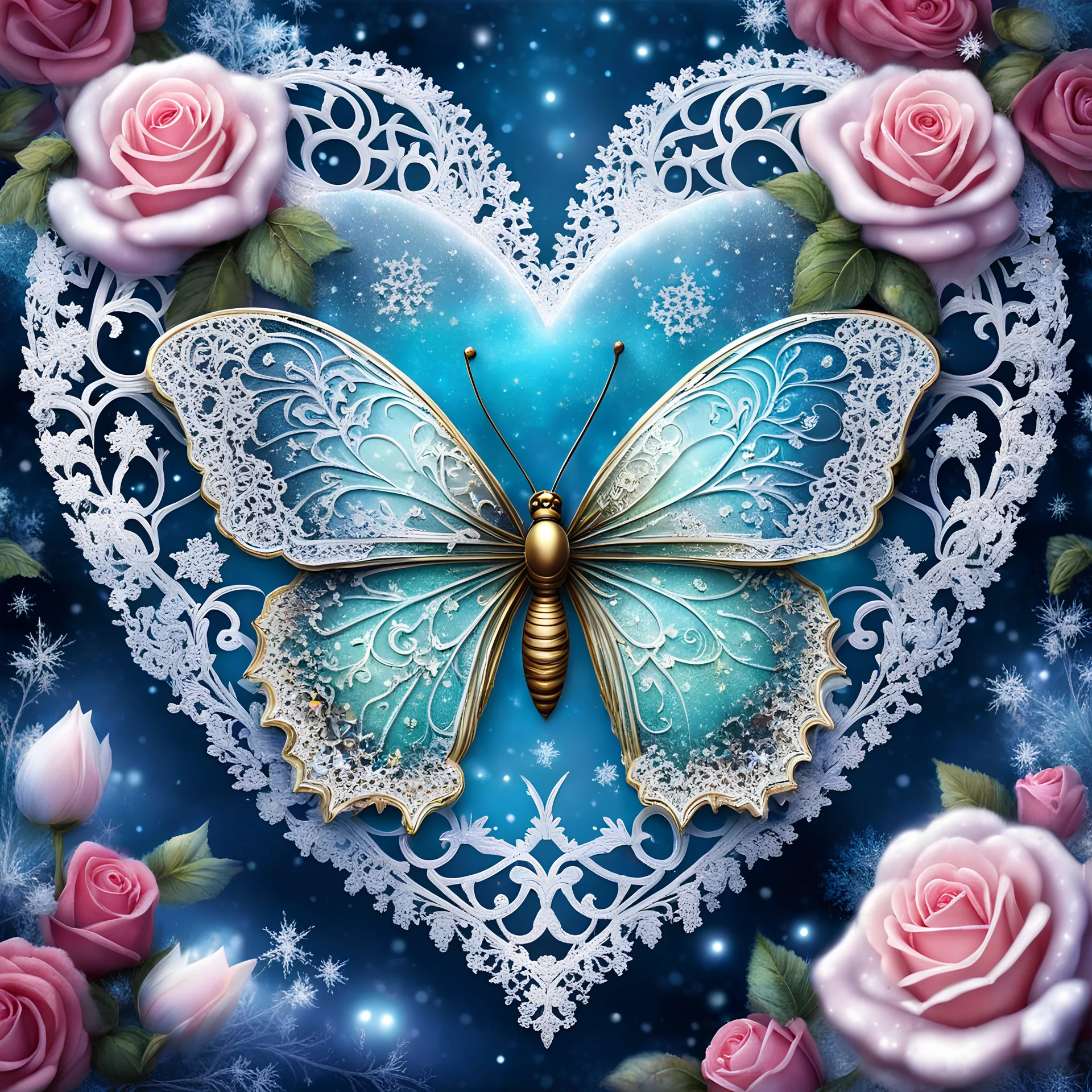 Beautiful filigree lacey butterfly, winter wonderland background, triple frosted heart with bi colored roses, glitter, glowing, transparent, sparklecore, Thomas Kinkade, realistic painting, 8K