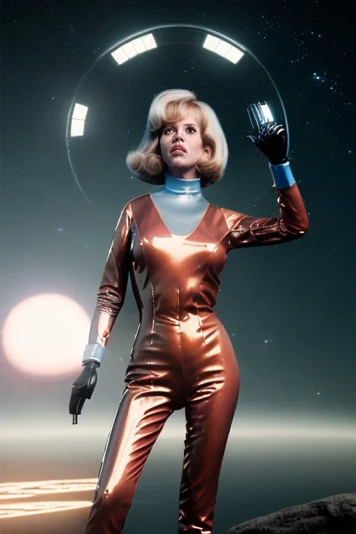 Ultra Realistic retro sci-fi portrait image from 1960, New York, spaceship, sweet young Jane Fonda, tight latex suit, weapon, fighting stance, soft color, highly detailed, unreal engine 5, ray tracing, RTX, lumen lighting, ultra detail, volumetric lighting, 3d, finely drawn, high definition, high resolution.