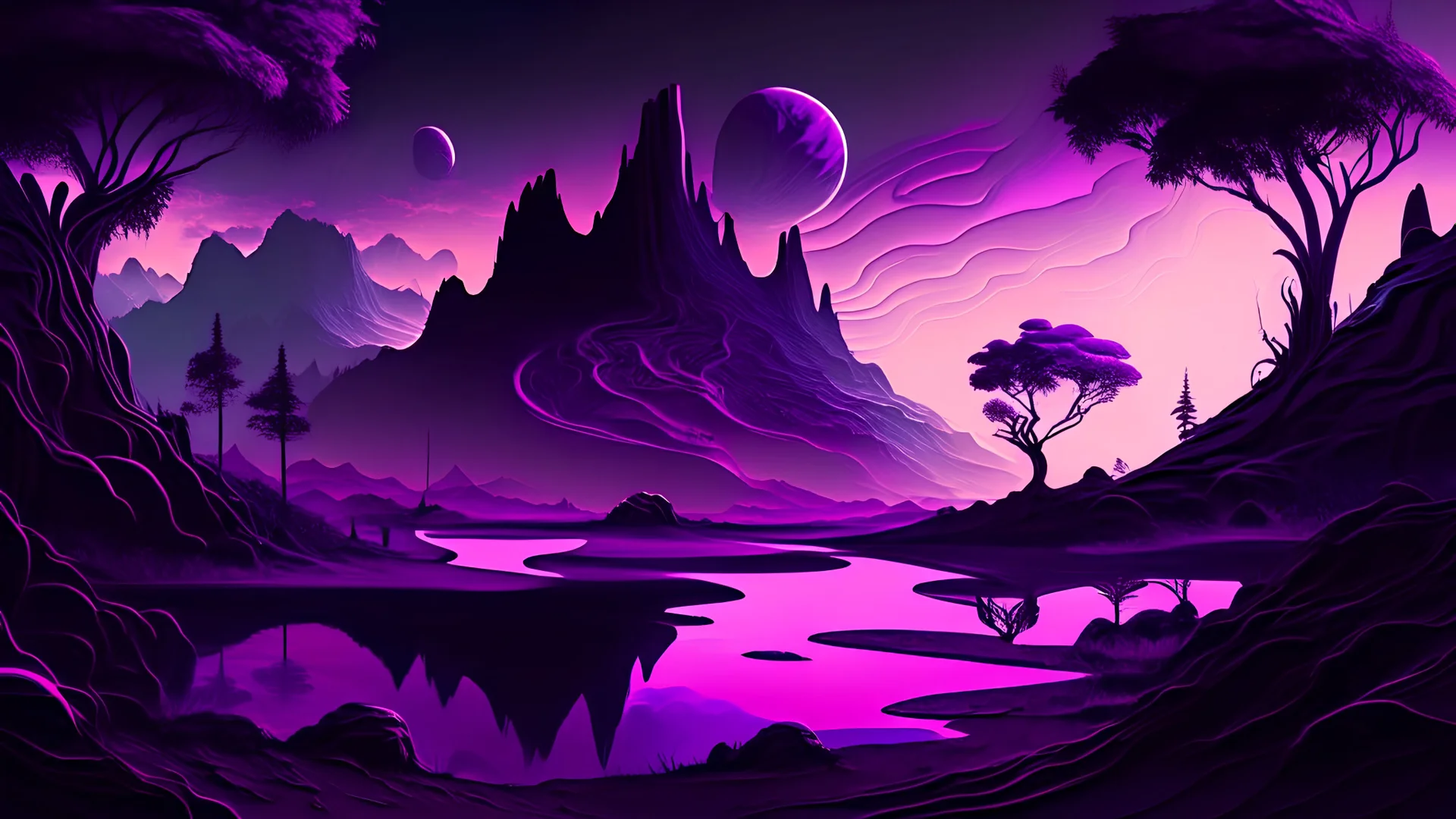 psychedelic, violet tones, fantasy landscape with black bottom