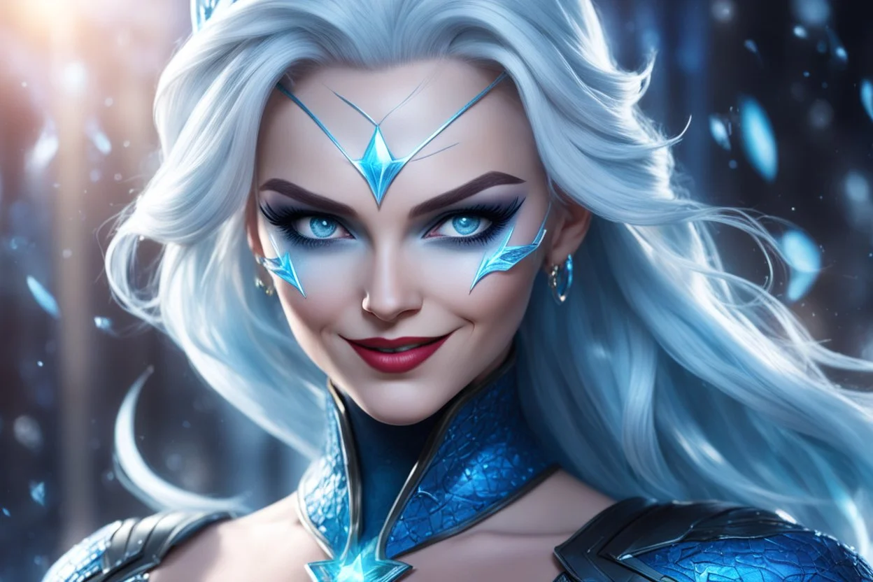 A 2D Disney cartoon vision of killer frost, with eyes bright and keen ، A smile that can charm, a teacher, a queen. But her lessons laced with a venomous tongue, A beauty deceiving, a melody unsung.